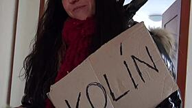 European brunette next door strips naked in public for quick cash.