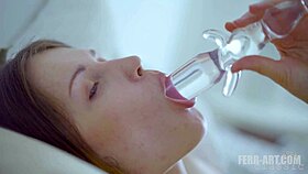 real lesbians kiss and toy with glass dildo