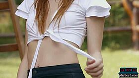 Tiny teen playboy model kate great strips naked while chopping wood outdoors