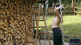 Tiny teen playboy model kate great strips naked while chopping wood outdoors