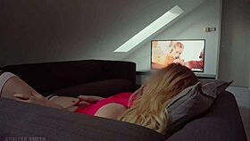hot blonde moans while masturbating to bbc porn on tv, reaching orgasm