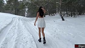 hot girl bent over in snow forest for doggystyle cum on face