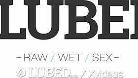 Lubed Huge Dick Massages Brunette's Throat