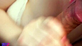 This babe with red lips gives an amazing close-up blowjob, contrasting her big tits and tongue skills.