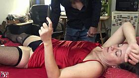 Man, this white amateur milf in red satin dress is wild with doggy style!