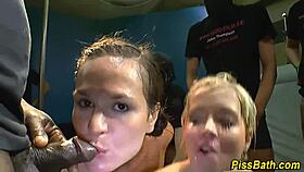 The old slut rides hard while drinking piss in this group session.