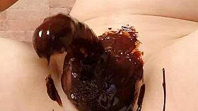 Japanese gay couple cooks a sweet chocolate banana together