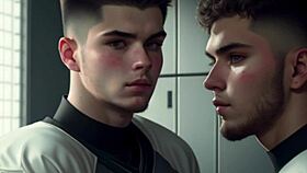 Two football players suck and jerk off after game, twink gay cum on cocks