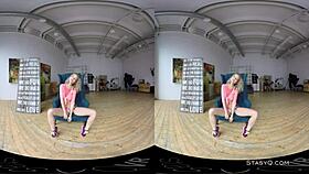 i watch this lovely blonde amateur with big natural tits stripping slowly in vr teasing me