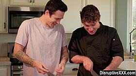 Closeted guy sucks and fucks his cooking instructor's monster cock in the kitchen.