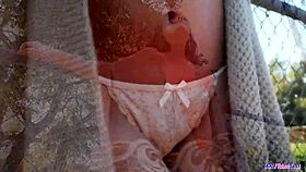 stockinged milf sucks cock outdoors