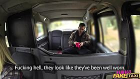 in a dirty british taxi, the fake female driver gargles coppers cum while orgasming on european streets