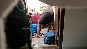 young boy jerks cock in front of indian maid swathy, flashing his dick.