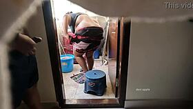 young boy jerks cock in front of indian maid swathy, flashing his dick.