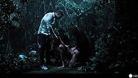 Busty Chick Frozen in Time Gets Nailed by Three in Forest