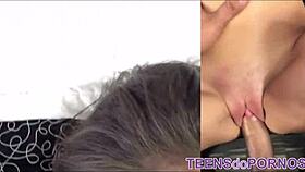 In a college interview, a skinny petite brunette teen undergoes casting with blowjob and fucking scenes.