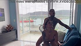 Fucking the pretty brunette's fat pussy on the sofa