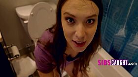 Watch step sis flash small tits and suck penis in bathroom rough blowjob!