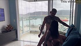 Fucking the pretty brunette's fat pussy on the sofa