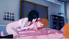 Rukia Kuchiki And Orihime Inoue And Yoruichi Shihouin And Ichigo Kurosaki Intense 3P Sex - Bleach Hentai