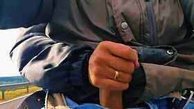 Naughty Hotwife Jerks Off on Road Until Cum, Almost Caught