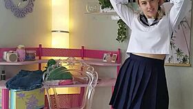 Blonde teen cheerleader trying on sexy lingerie gifts