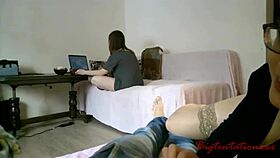 I saw my friend secretly sucking my boyfriend's big tits while I played on the computer.