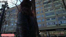 Jeny smith spins in a miniskirt on the beach, flashing her upskirt in public nudist area