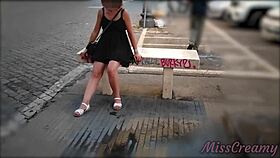 wow, flashing pussy in short dress in city center! 😲