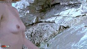 mature woman does outdoor striptease with small tits