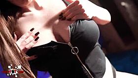 Babe strokes huge cock to cum on tits