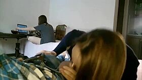 I saw my friend secretly sucking my boyfriend's big tits while I played on the computer.