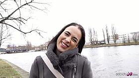 Lydiamaus96, the german teen with big butt and saggy tits, gets rough fucked in public casting.