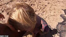 Deutsche blonde sucks cock outdoor on beach, swallows cum!
