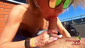 blonde pov blowjob leads to anal on roof