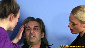 Stockinged british femdoms demand dick from submissive in group domination