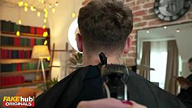 Natural Boob Brunette Trainee Cuts Client's Hair