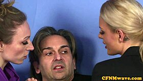 Stockinged british femdoms demand dick from submissive in group domination