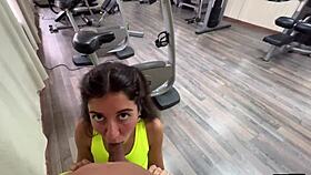 Risky gym sex in public with hot cum swallow