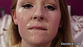 Hot looker takes cumshot on face and eats all spunk in blowbang