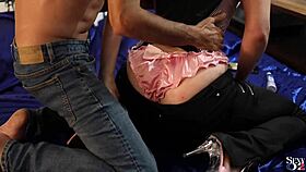 French Amateur In Leather Pants Corset Panties Heels Does Doggy Blowjob