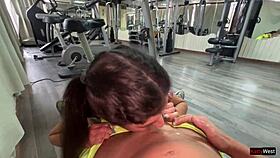 Risky gym sex in public with hot cum swallow