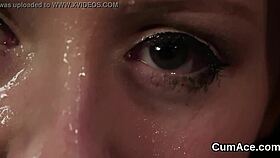 Hot looker takes cumshot on face and eats all spunk in blowbang