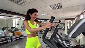 Risky gym sex in public with hot cum swallow