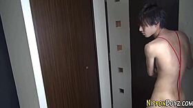 Gay asian twink gets fingered and masturbates