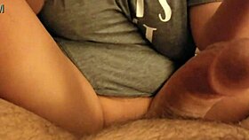 Watch wife's petite pussy moisten as cum drips on her feet