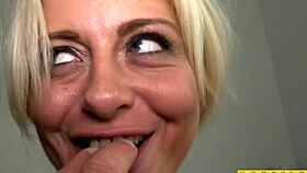 milf sub kneels to suck cock then gets pounded hard by dominant male