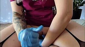 nurse masturbates with dildo on desk 😏