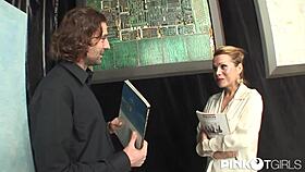 Shemale Mireja Rinaldi licks balls and uses vibrator in stockings and heels.