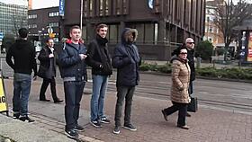 British girl boldly pisses in her jeans in public, making everyone watch her exhibitionist act